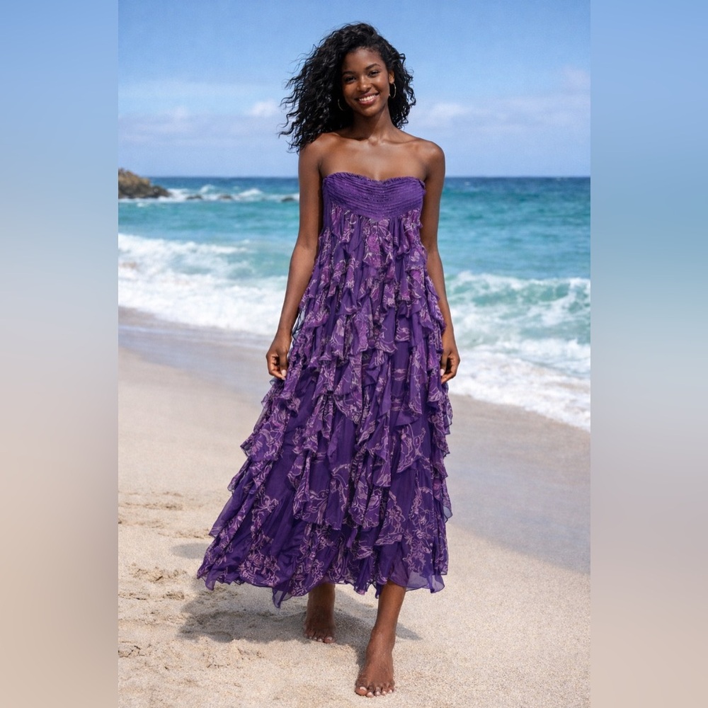 bebe Purple Strapless Ruffle Maxi Dress Cruise Medium NWT Romantic Resort Glam
